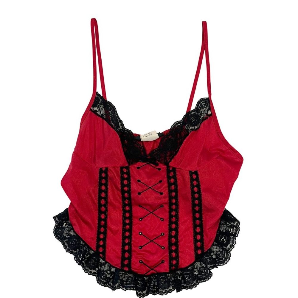 Vintage Faux Corset Lace Trim Camisole Tank Top Lingerie Y2K 90s Red USA MEDIUM